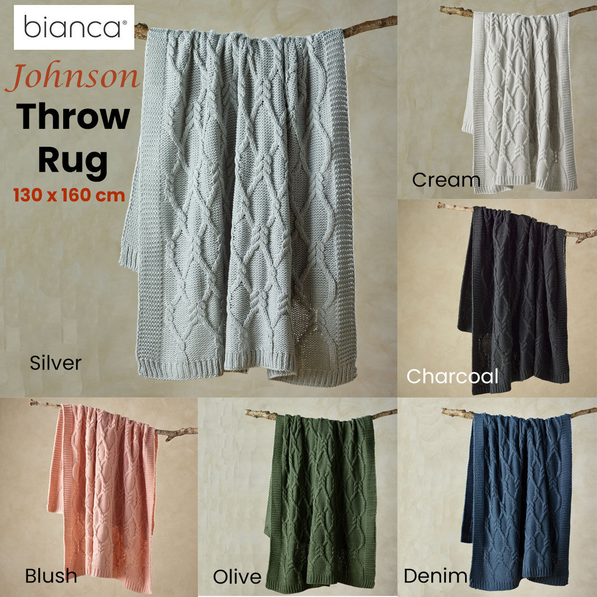 Bianca Johnson Knitted Throw Rug 130 x 160 cm Charcoal Price