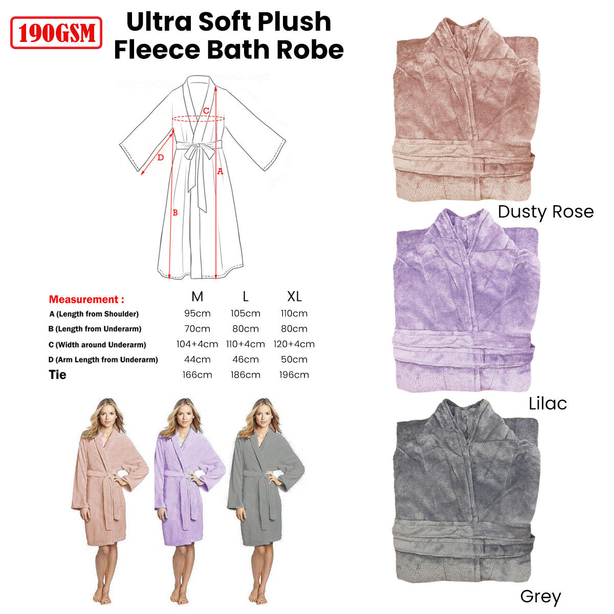 190GSM Ultra Soft Plush Fleece Bath Robe Dusty Rose XL Price
