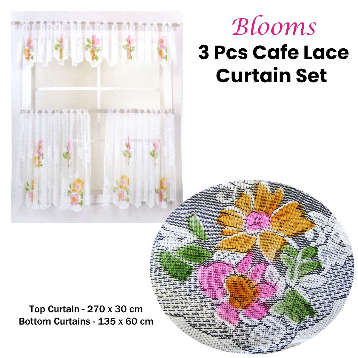 3 Pce Cafe Blooms Lace Kitchen Curtain Set Price