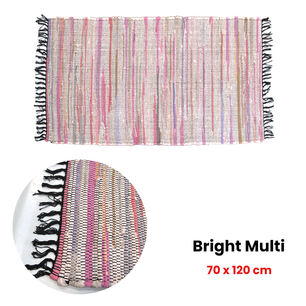 Tonal Chindi Cotton Handmade Floor Mat with Tassels 70 x 120 cm Pink Price