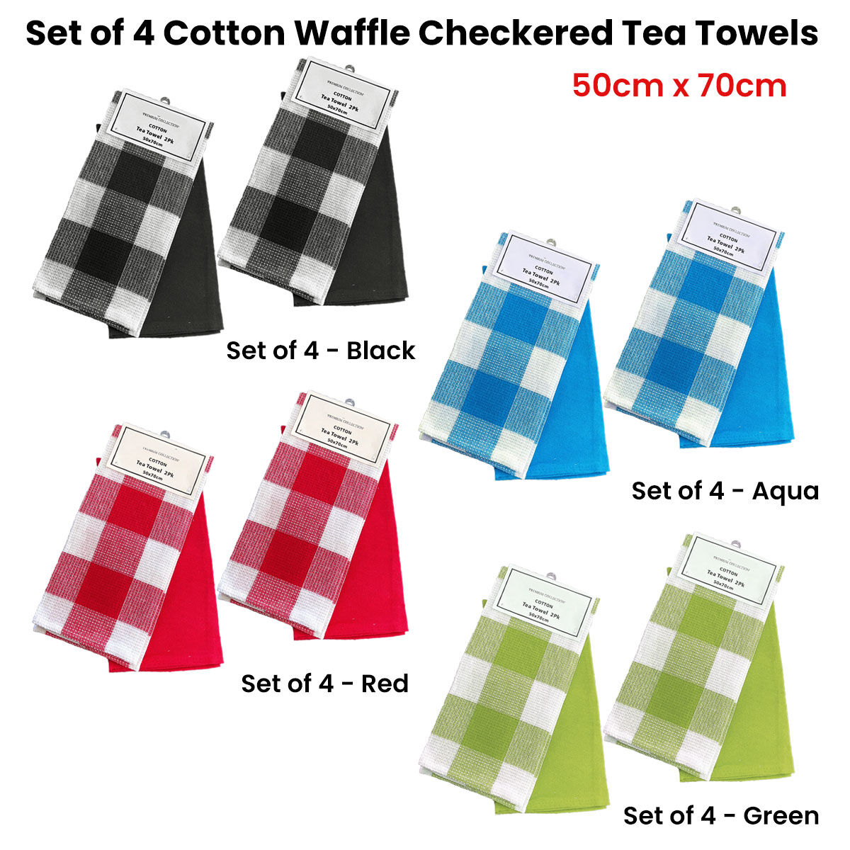 Set of 4 Cotton Waffle Checkered & Plain Dyed Tea Towels 50cm x 70cm Black Price