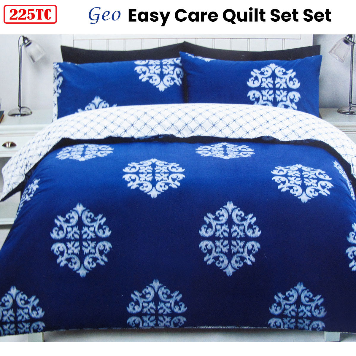 225TC Geo Damask Cotton Rich Easy Care Quilt Cover Set King Price