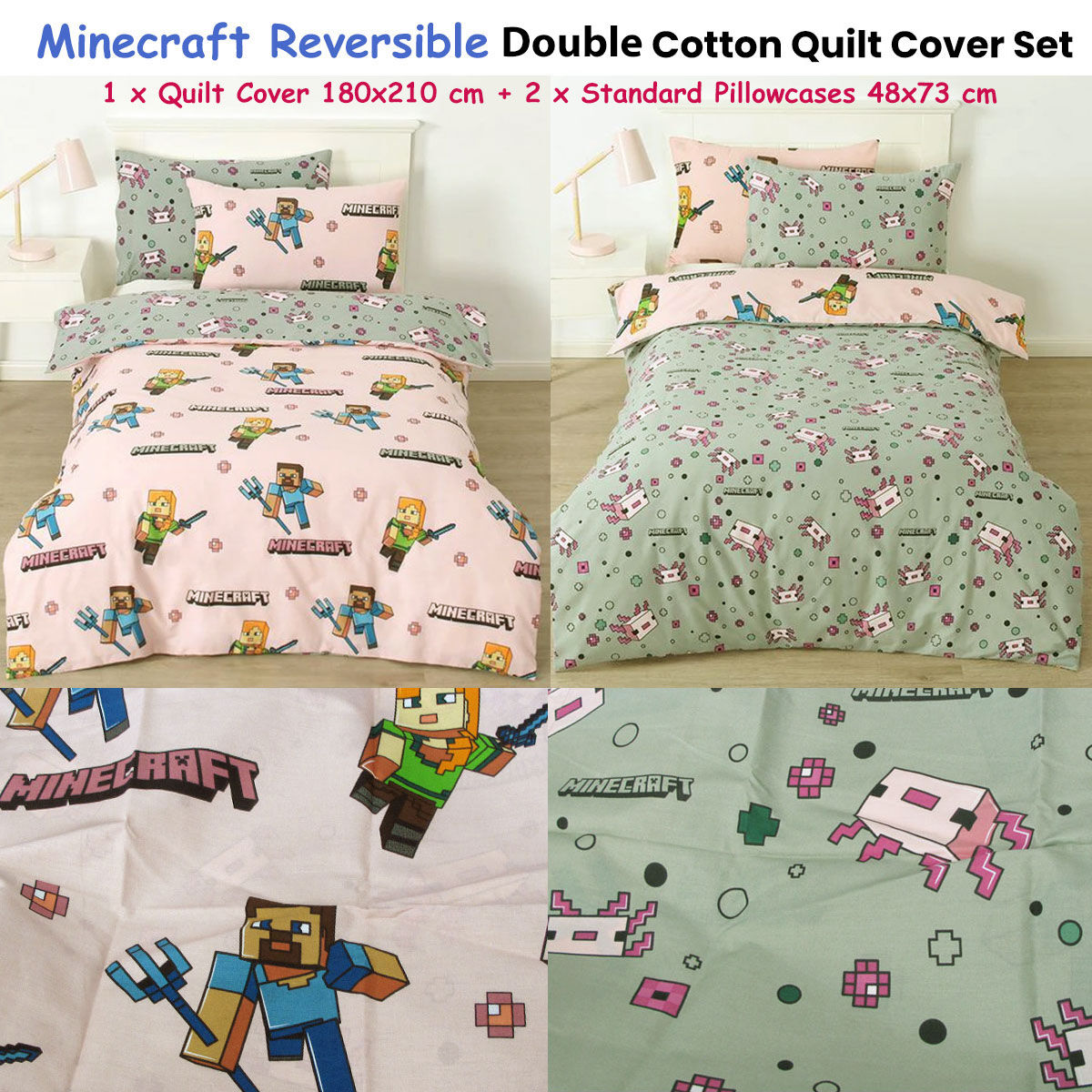 MOJANG Minecraft Reversible Cotton Boys Girls Quilt Cover Set Single Price