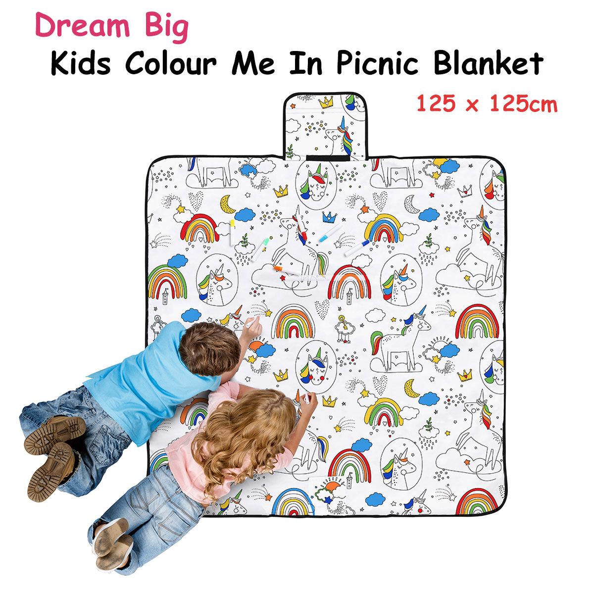 Happy Kids Dream Big Colour Me In Picnic Blanket 125 x 125 cm Price