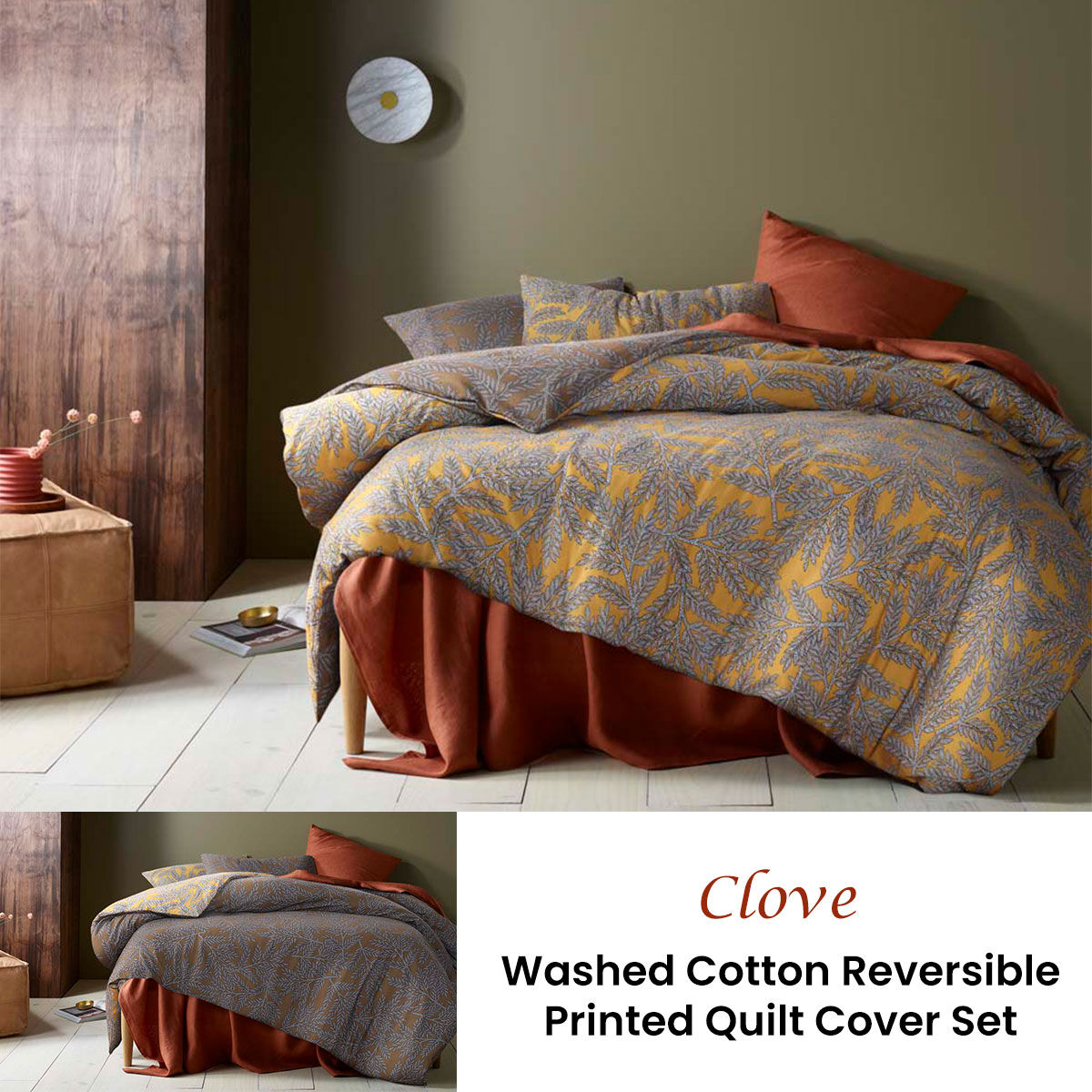 Clove Washed Cotton Printed Reversible Quilt Cover Set King Price
