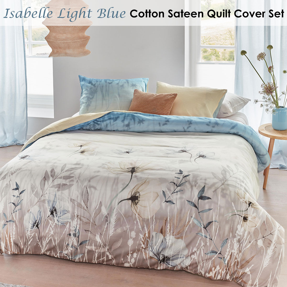 Isabelle Light Blue Cotton Sateen Quilt Cover Set King Price