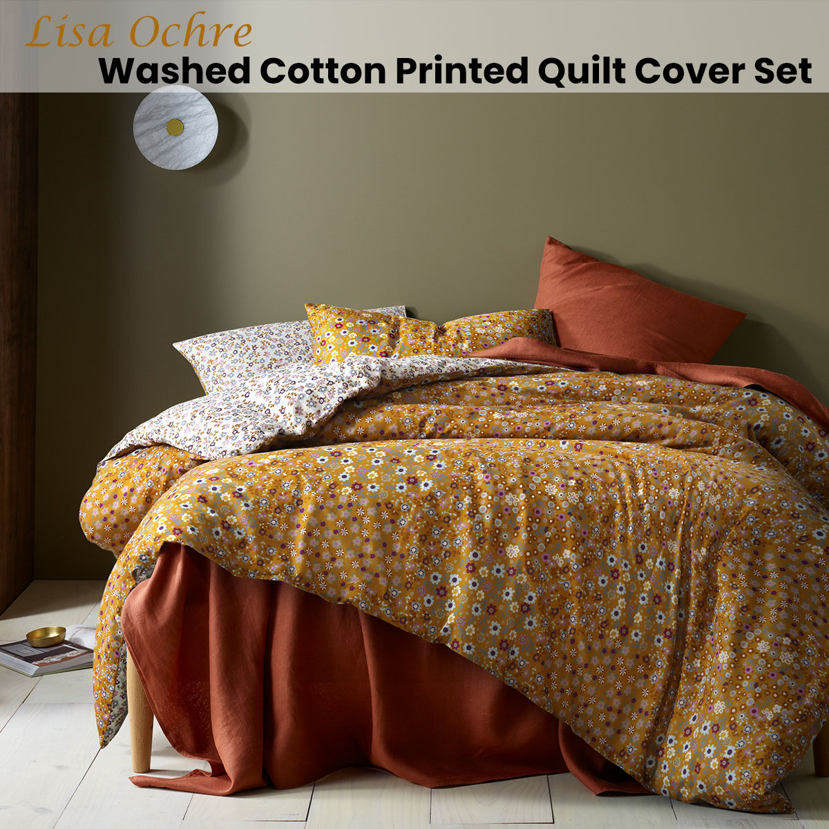 Lisa Ochre Washed Cotton Printed Quilt Cover Set King Price