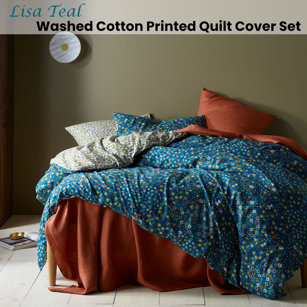 Lisa Teal Washed Cotton Printed Quilt Cover Set King Price