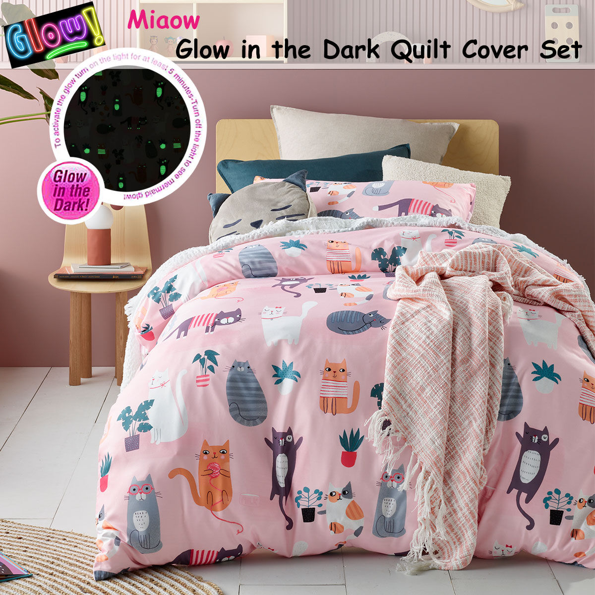 Happy Kids Miaow Glow in the Dark Quilt Cover Set Single Price