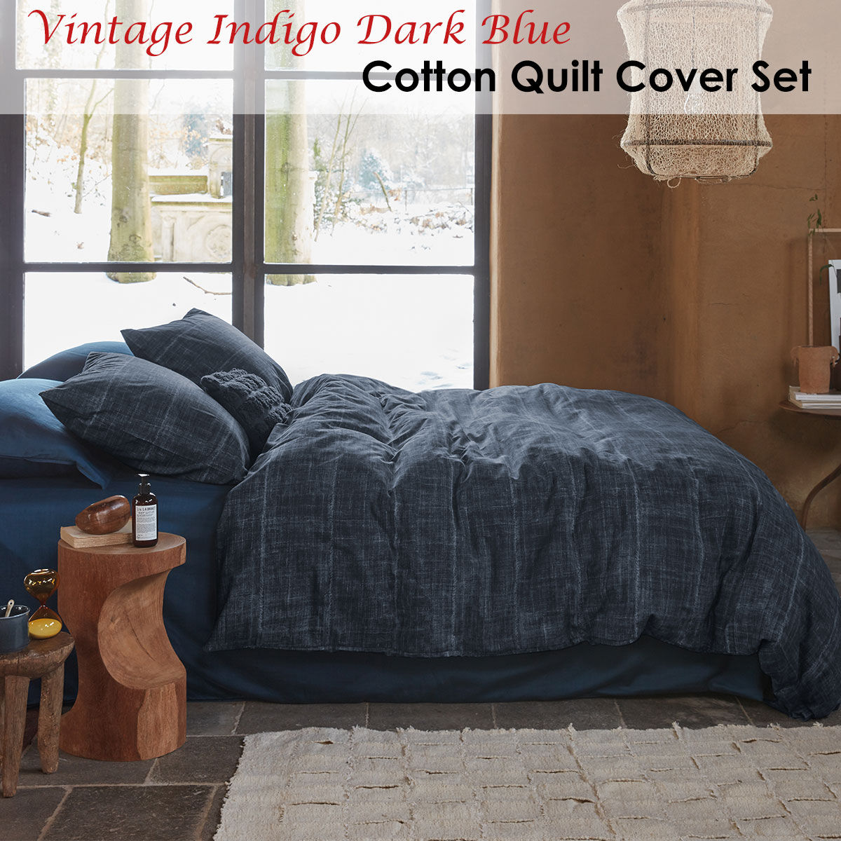 Vintage Indigo Dark Blue Cotton Quilt Cover Set King Price
