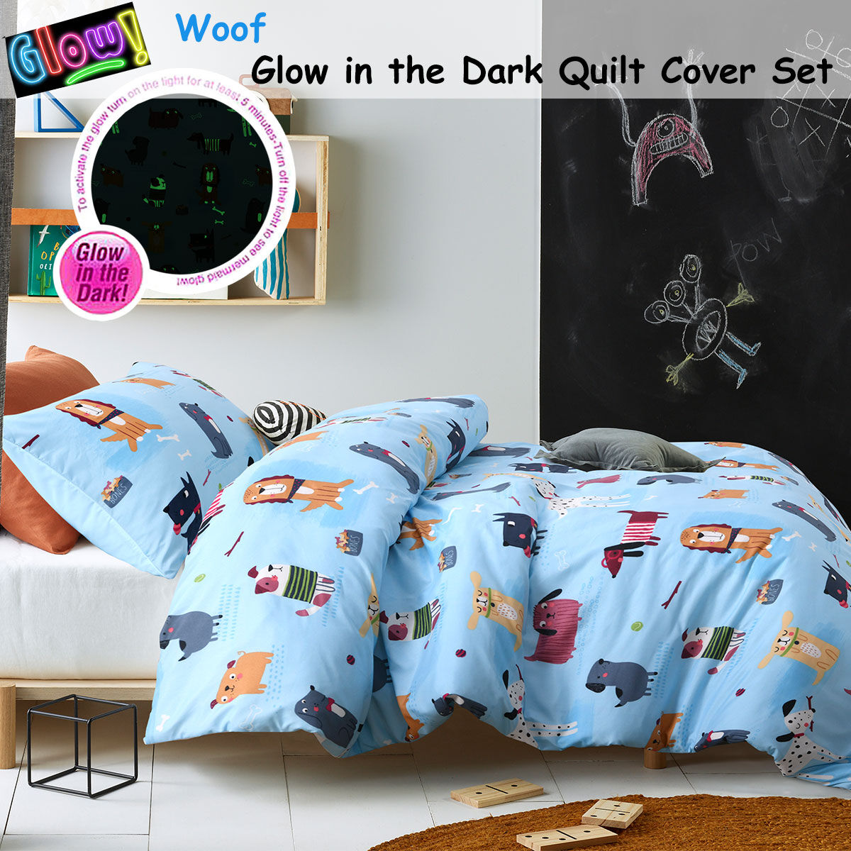 Happy Kids Woof Glow in the Dark Quilt Cover Set Single Price