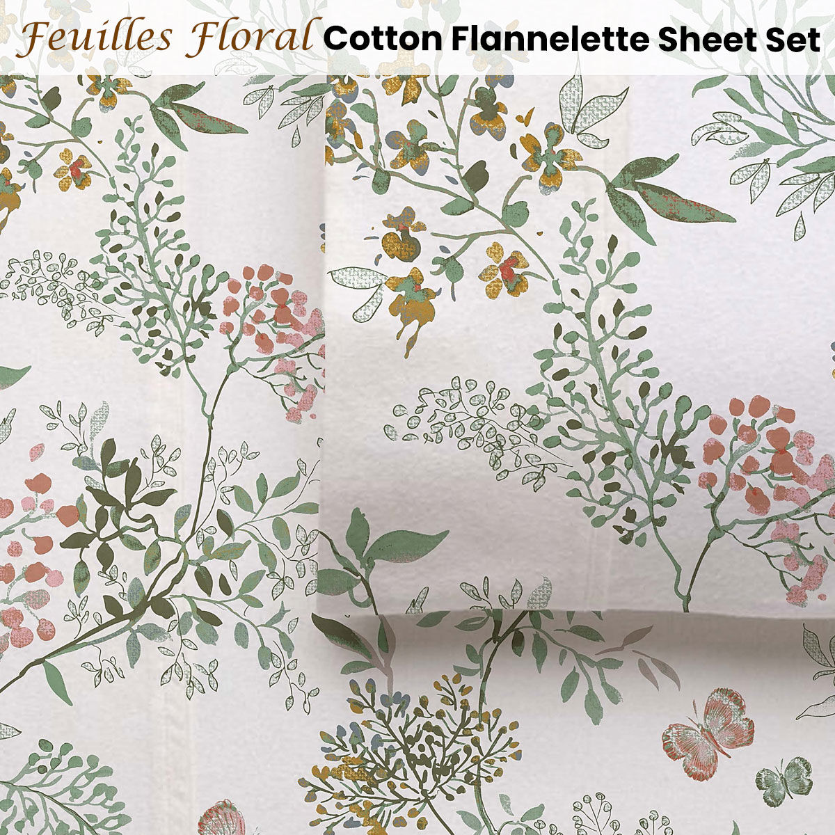 Accessorize Cotton Flannelette Sheet Set 40cm Wall Feuilles Floral Print Queen Price