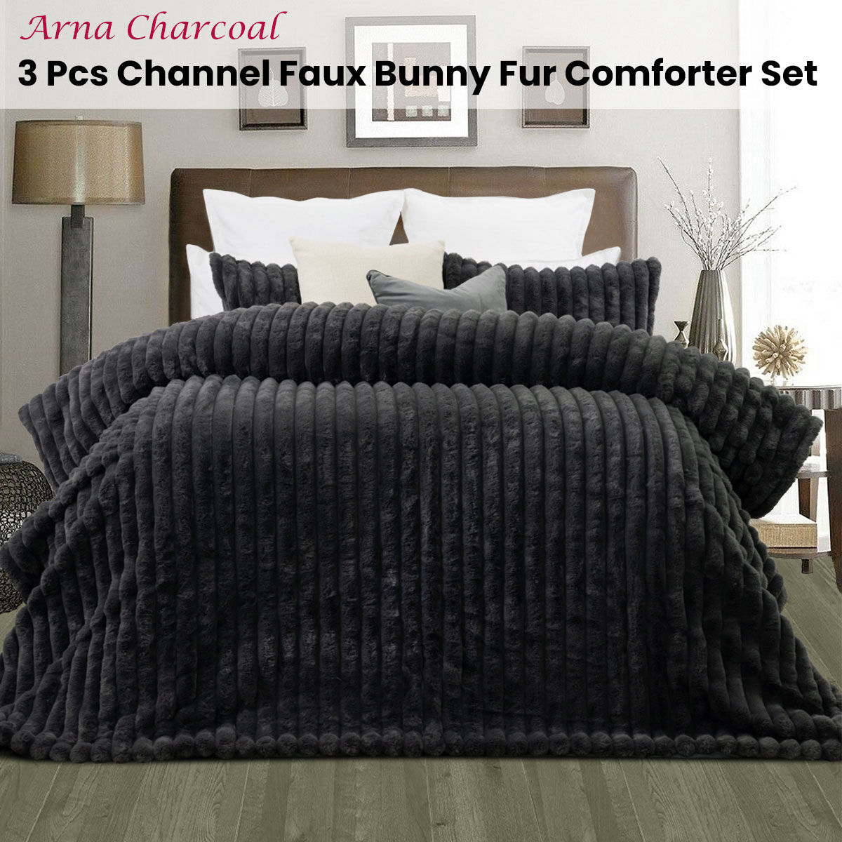Jane Barrington Arna Charcoal 3 Pcs Channel Faux Bunny Fur Comforter Set Queen Price