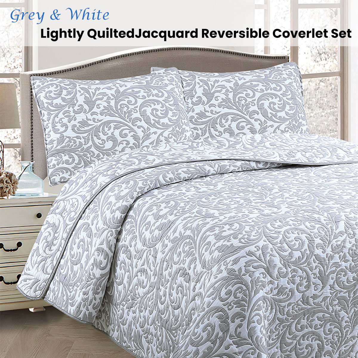 Jane Barrington Grey & White Lightly Quilted Jacquard Reversible Coverlet Set Queen Price