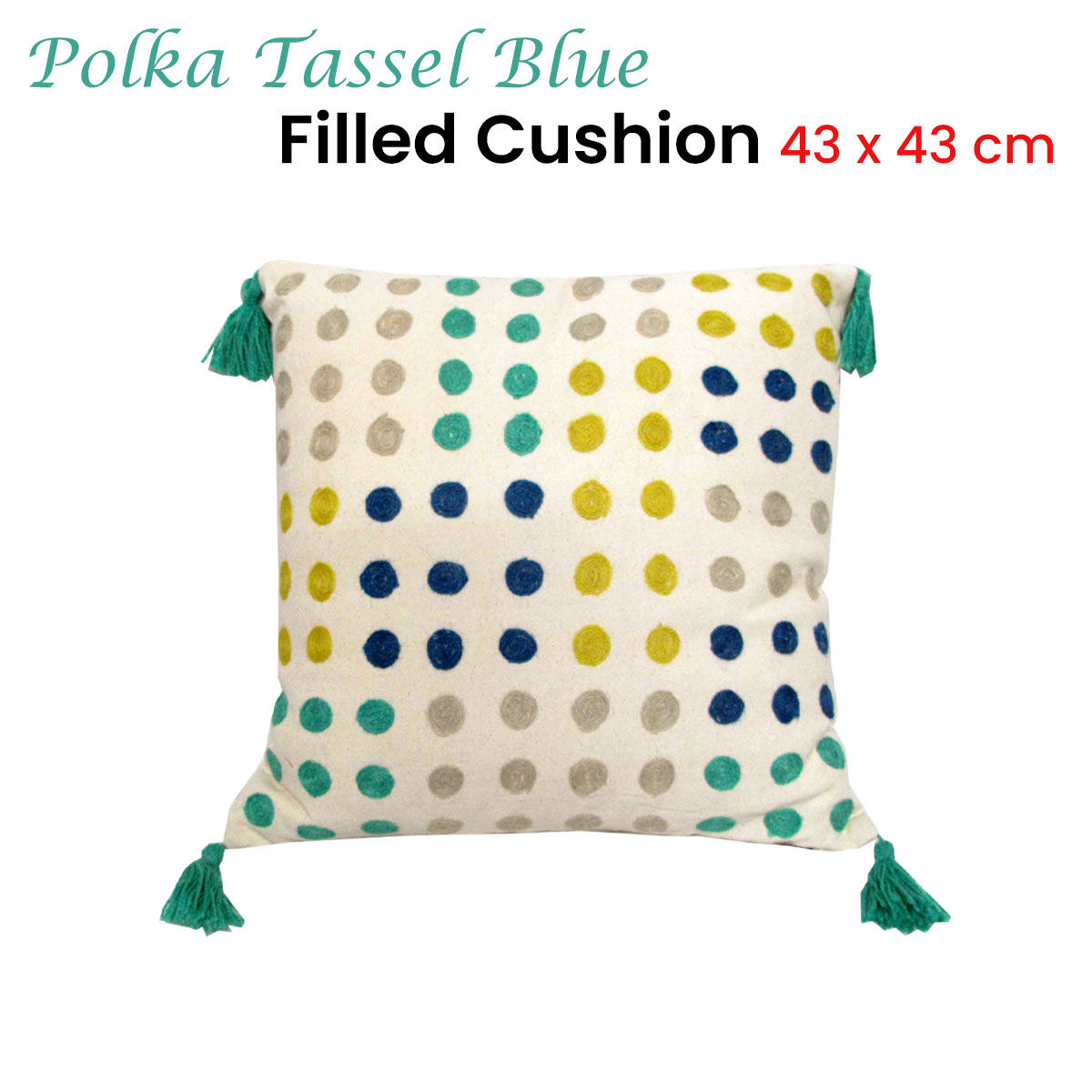 J.Elliot Home Polka Dots Tassel Blue Filled Cushion 43 x 43 cm Price