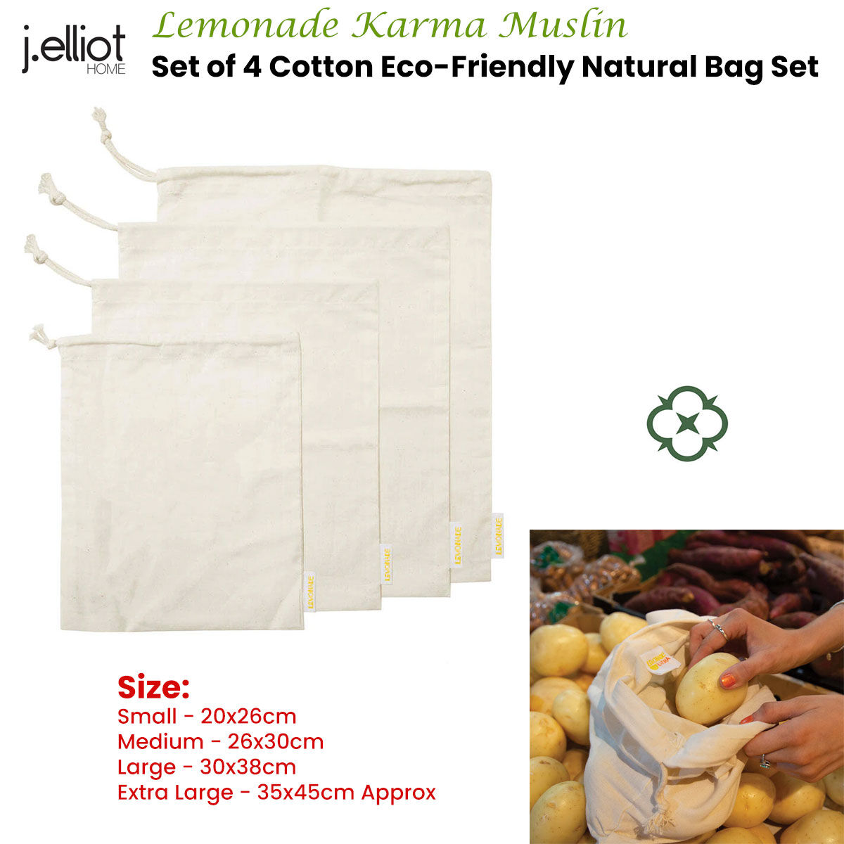 J Elliot Home Lemonade Karma Set of 4 Cotton Eco-Friendly Natural Muslin Storage Bag Set Price