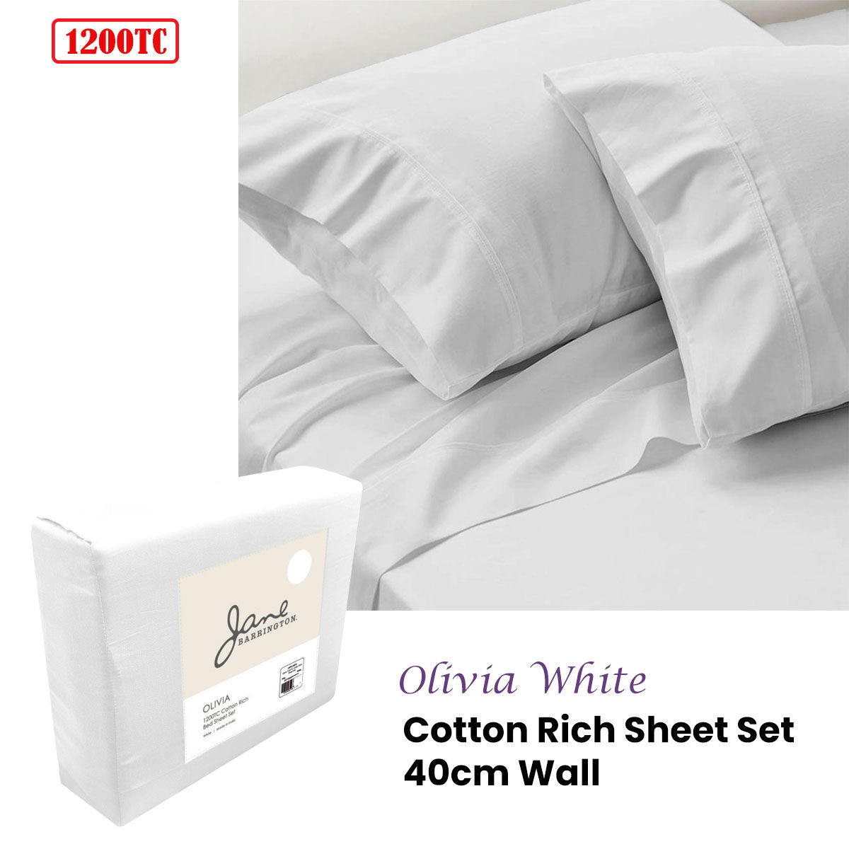 Jane Barrington 1200TC Olivia Cotton Rich Sheet Set 40cm Wall White Queen Price
