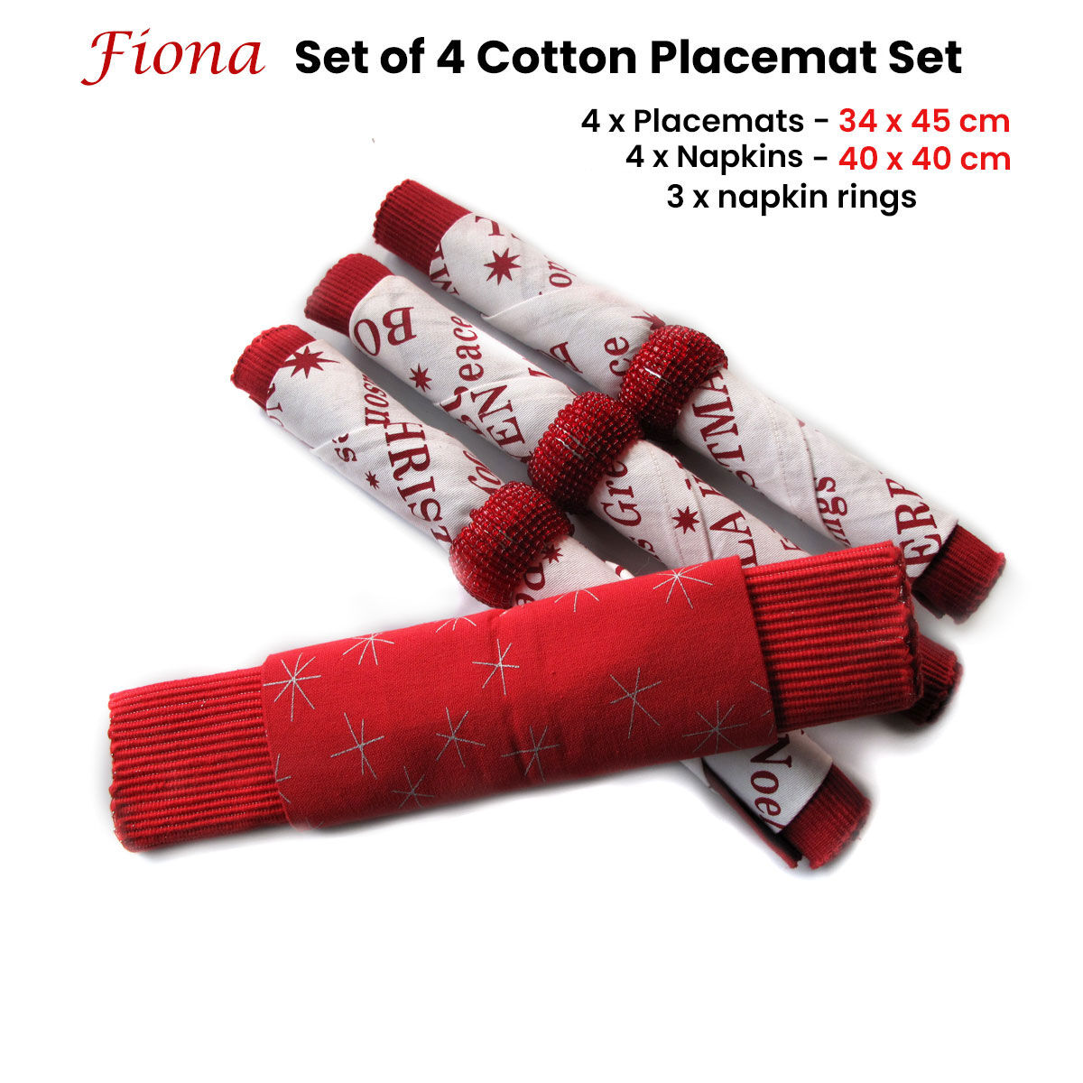 Set of 4 Fiona Cotton Placemats with Napkins and Napkin Rings Red White Price