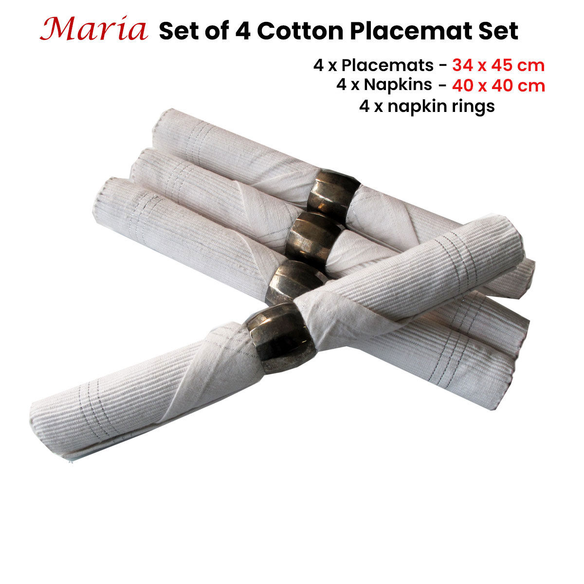 Set of 4 Maria Cotton Placemats with Napkins and Napkin Rings White Price