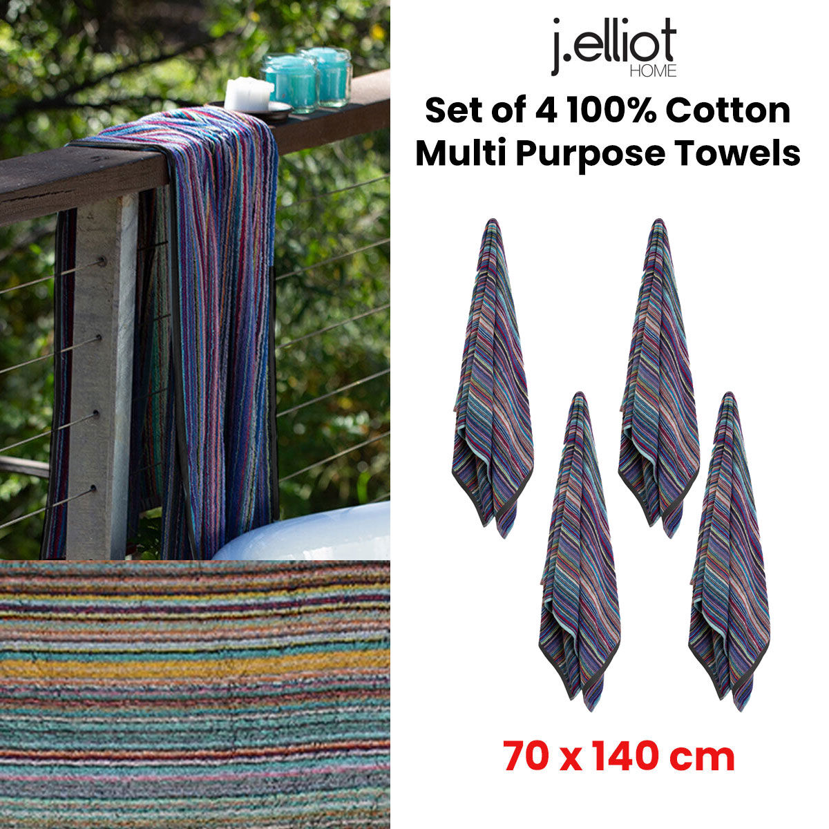 J Elliot Home Set of 4 100% Cotton Multi Purpose Towels 70 x 140 cm Price