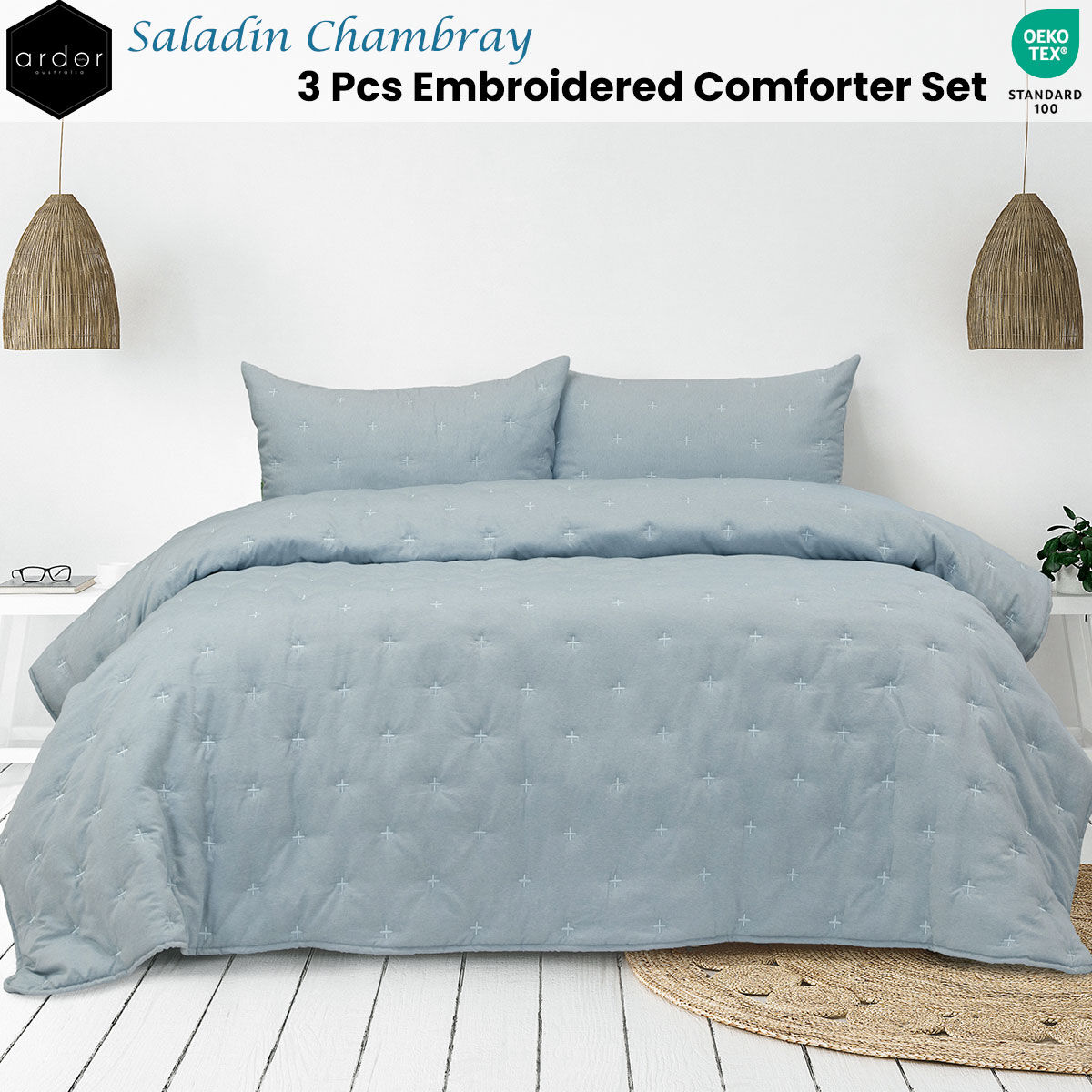 Ardor Saladin Chambray 3 Pcs Embroidered Comforter Set Queen/King Price