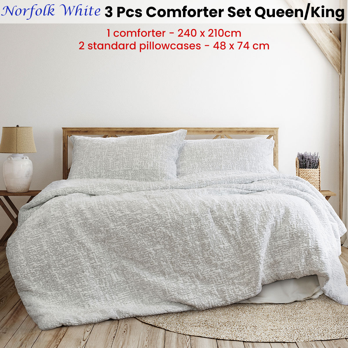 Norfolk White 3 Pcs Embossed Comforter Set Queen/King Price