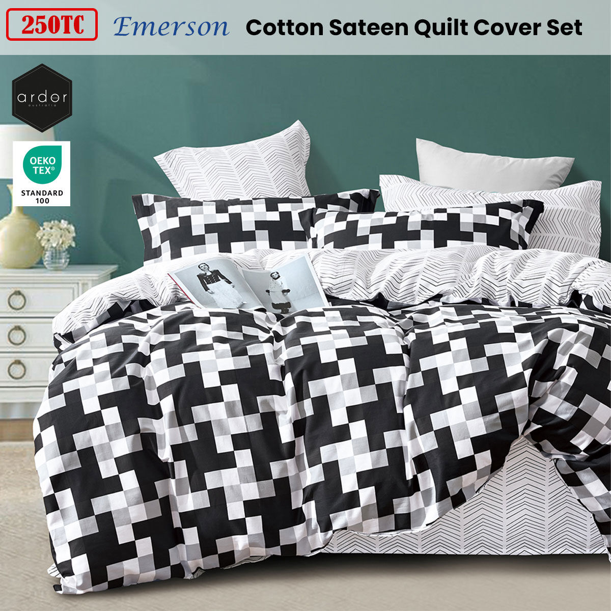 Ardor 250TC Emerson Geometric Cotton Sateen Quilt Cover Set Queen Price
