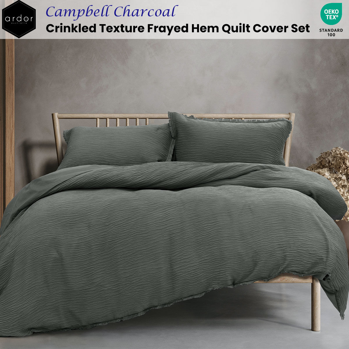 Ardor Campbell Charcoal Crinkled Texture Quilt Cover Set Queen Price