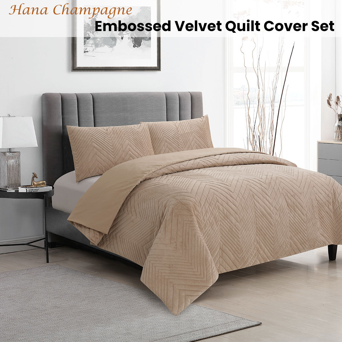 Ardor Hana Champagne Embossed Velvet Quilt Cover Set King Price