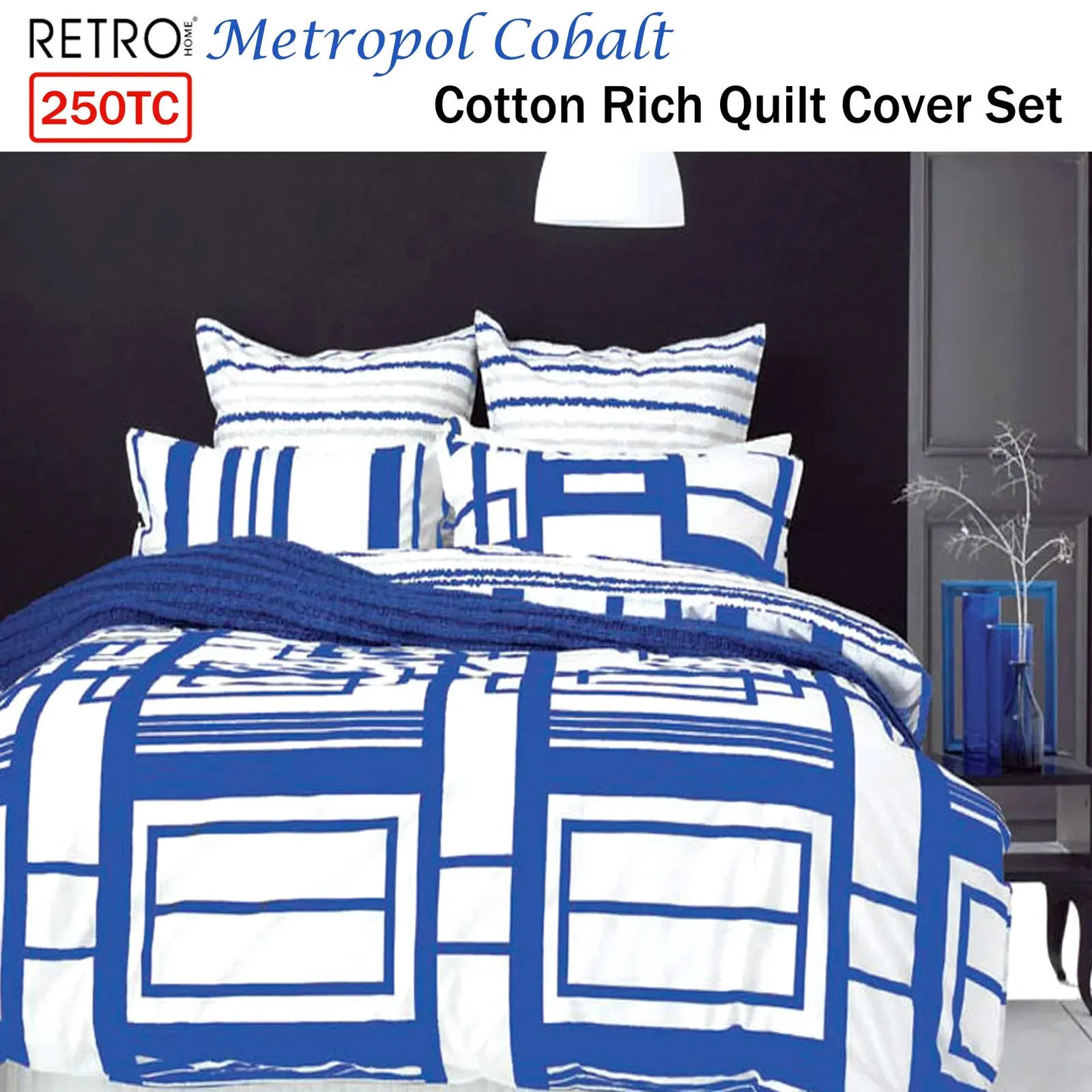 Retro Home 250TC Cotton Rich Metropol Cobalt Quilt Cover Set Queen Price