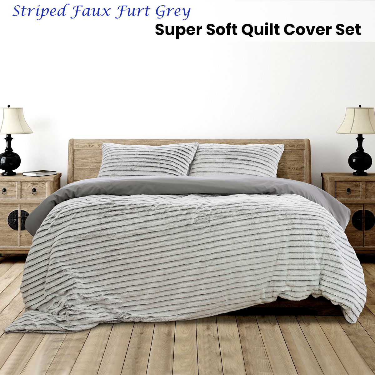Ardor Striped Faux Fur Grey Super Soft Quilt Cover Set King Price