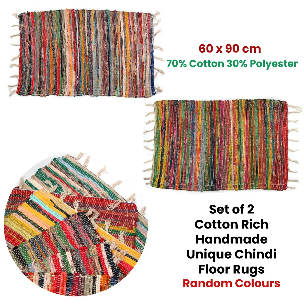 Set of 2 Random Colour Hand Made Cotton Rich Chindi Floor Rugs 60 x 90 cm Price