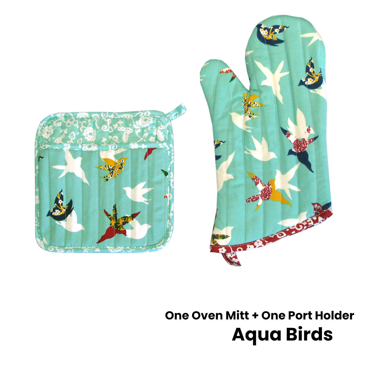 Set of 100% Cotton Printed Oven Mitt + Pot Holder Aqua Birds Price