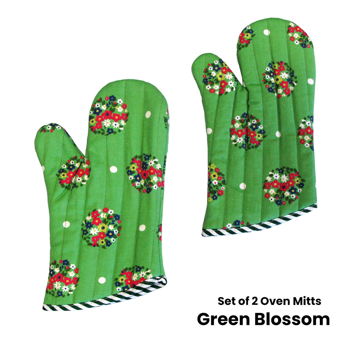 Set of 2 100% Cotton Printed Oven Mitts 34 x 15 cm Green Blossom Price