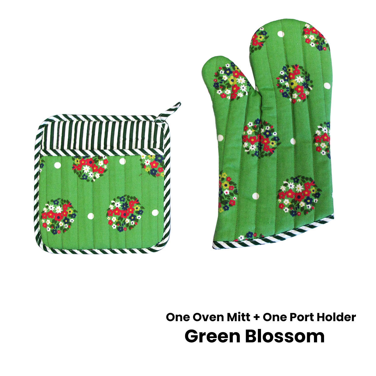 Set of 100% Cotton Printed Oven Mitt + Pot Holder Green Blossom Price