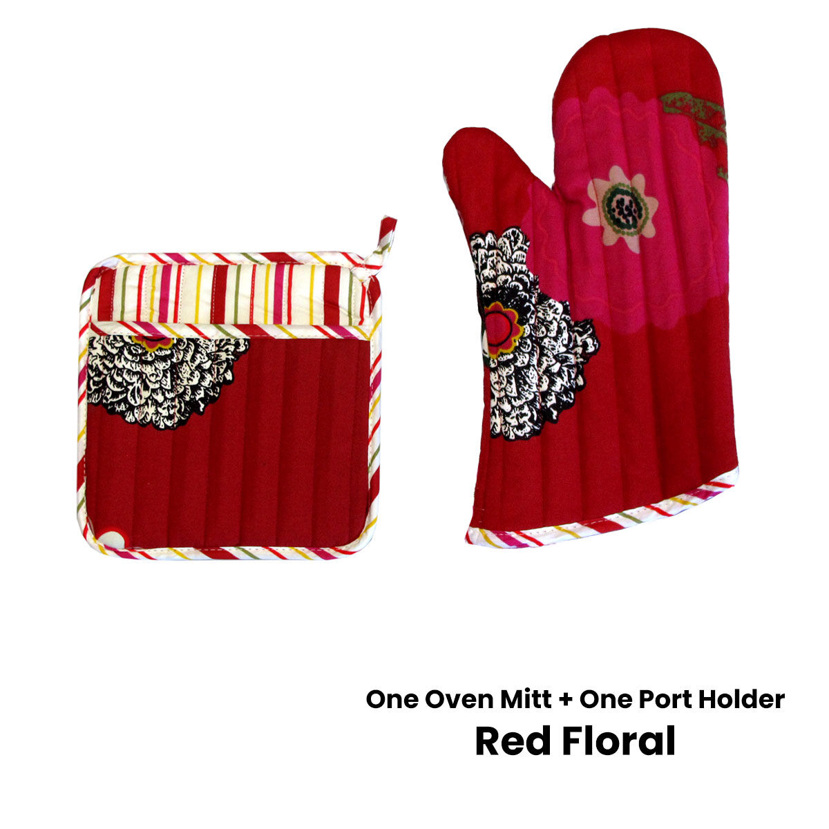 Set of 100% Cotton Printed Oven Mitt + Pot Holder Red Floral Price