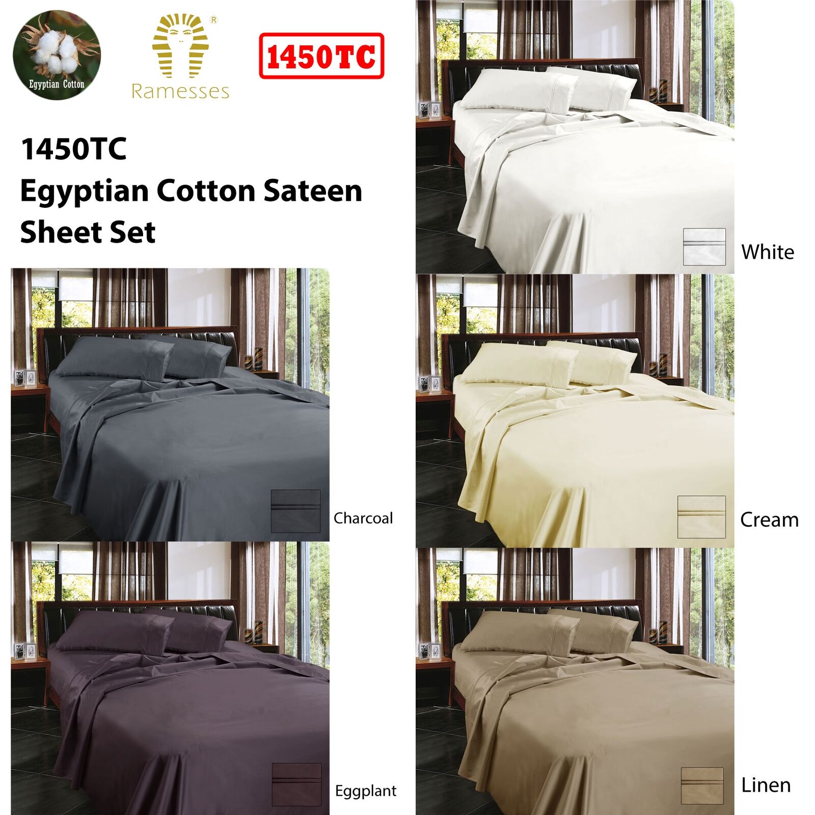Ramesses 1450TC Egyptian Cotton Sateen Sheet Set Linen King Price