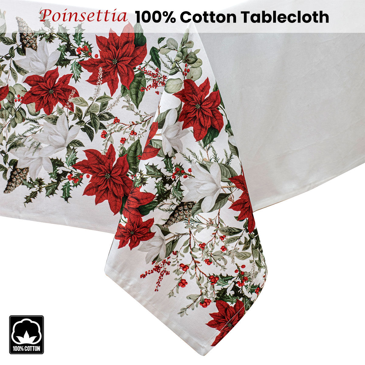 100% Cotton Ashdene Poinsettia Festive Christmas Holiday Tablecloth 150 x 230 cm Price