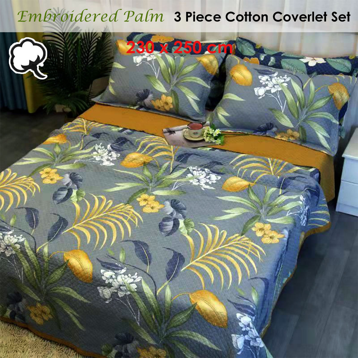 100% Cotton Coverlet Set Embroidered Palm Queen Price