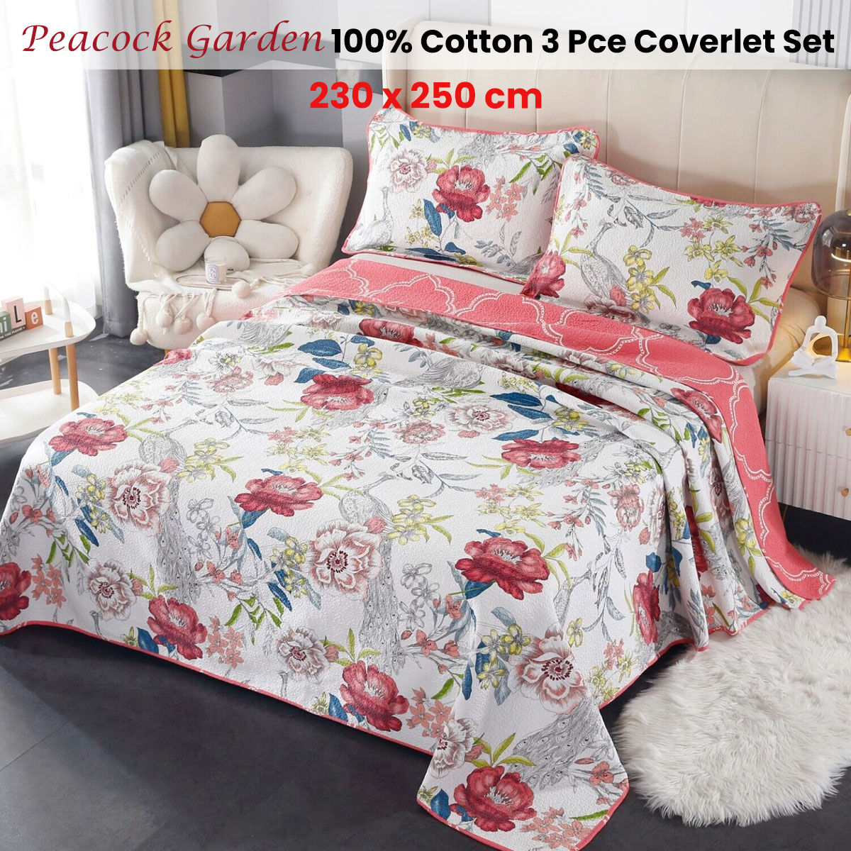 100% Cotton Lightly Quilted Coverlet Set Peacock Garden Pink Queen Price