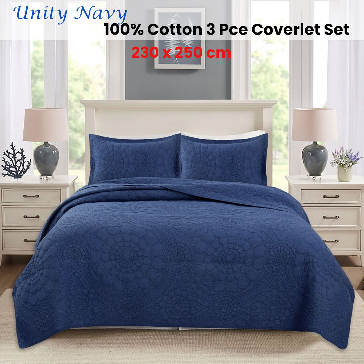 100% Cotton Lightly Quilted Coverlet Set Unity Navy Queen Price