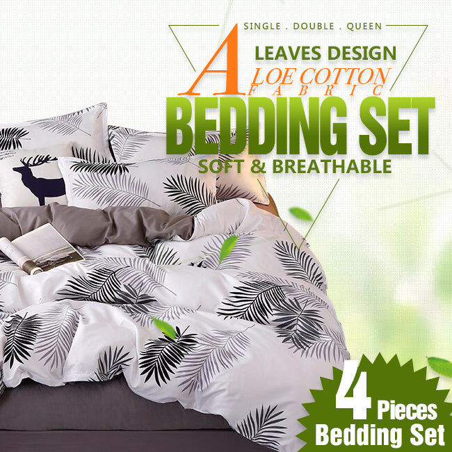 Palm Leaves Pattern Aloe Cotton Flat Sheet Quilt Cover Pillowcases 4pcs Bedding Set (Double) Price