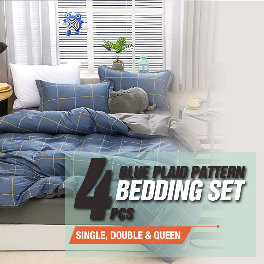 Blue Plaid Pattern Aloe Cotton Flat Sheet Quilt Cover Pillowcases 4pcs Bedding Set Duvet Doona Quilt Cover Set (Queen) Price