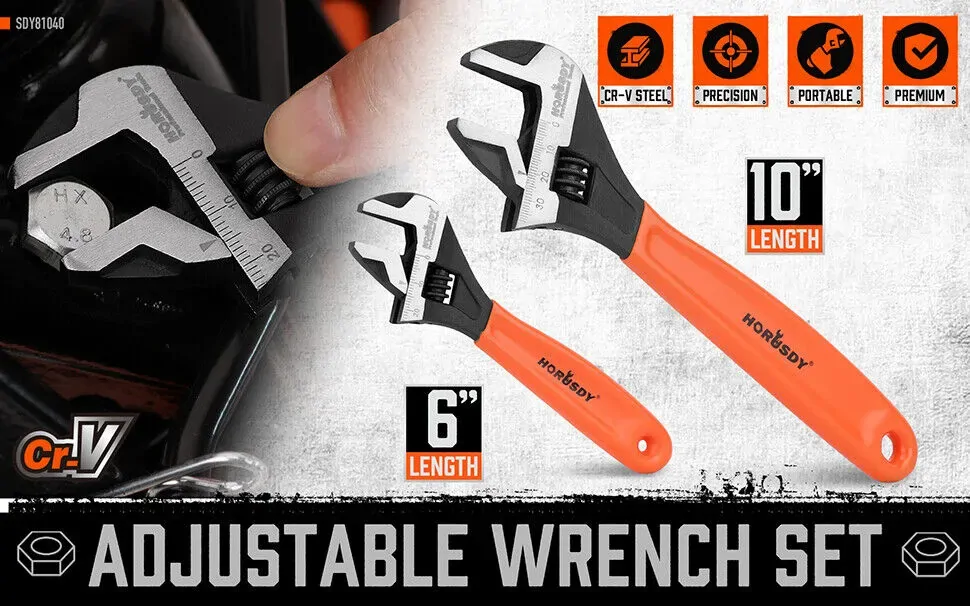 2x Adjustable Wrench Set 6" 10" Wide Jaw Spanner Cr-V Steel Workshop Metric SAE Price