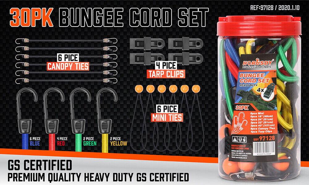 30-Piece Premium Bungee Cord Assortment Includes 10” to 40” Bungee Cords, Canopy Ties & Tarp Clips Price