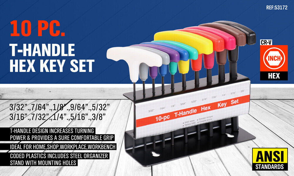10-Piece T-Handle Hex Key Set, Allen Wrench SAE/Imperial Sizes 3/32"-3/8", Heat-Treated Steel with Color-Code Organizer Stand Price