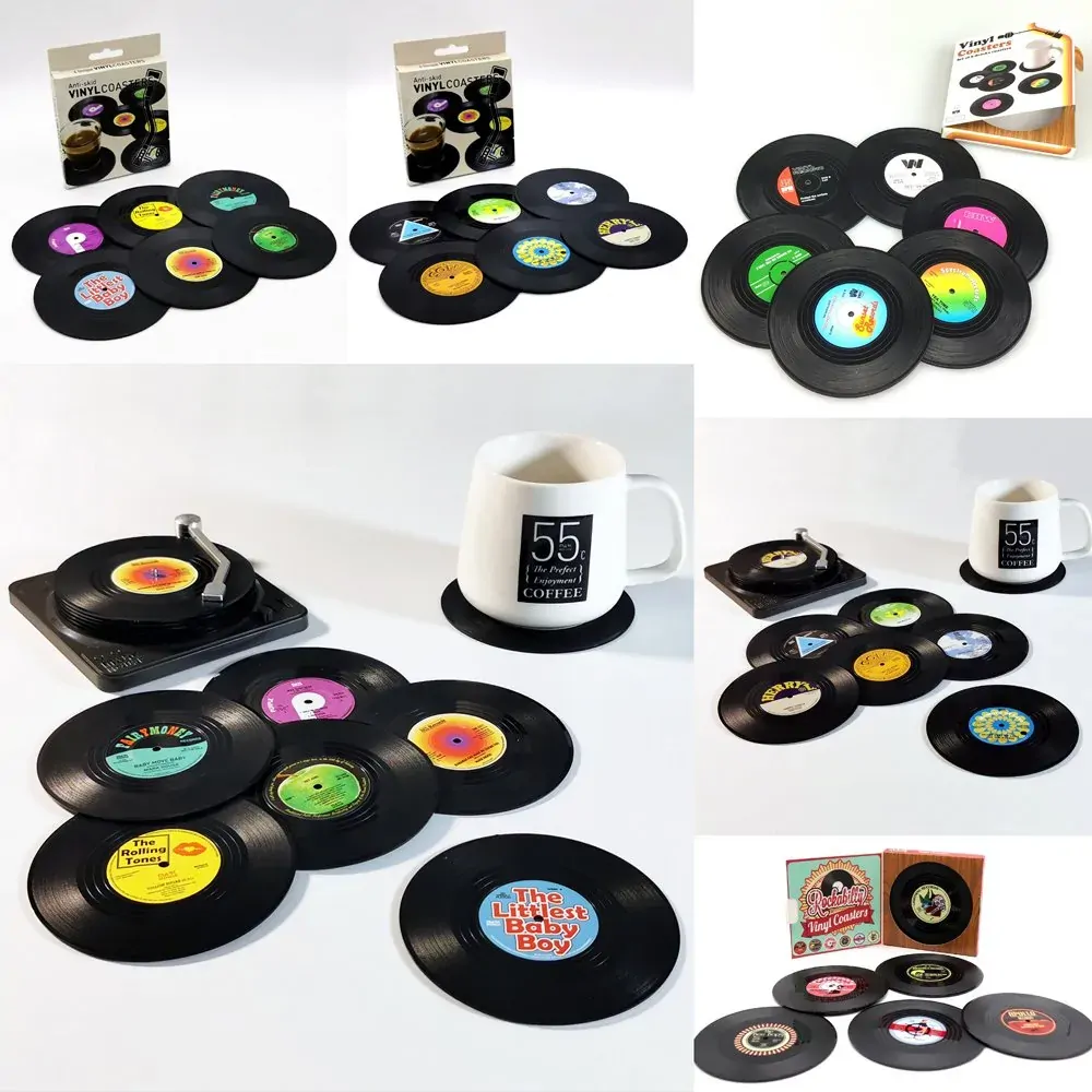 6x Creative Vinyl Record Cup Coasters w Holder Glass Drink Tableware Home Décor, B w/ Record Player Holder Price