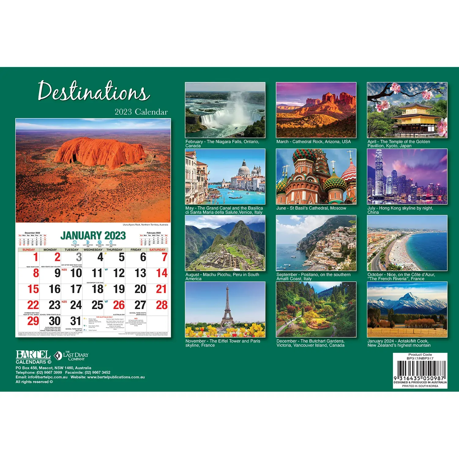 Destinations – 2023 Rectangle Wall Calendar 16 Months Planner New Year Gift Price