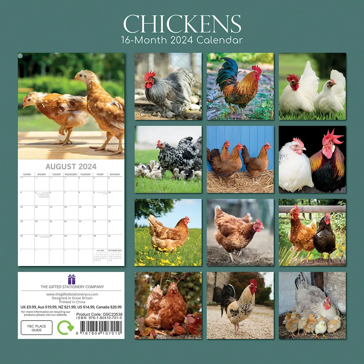 Chickens - 2024 Square Wall Calendar Pets Animals 16 Months Premium Planner Gift Price