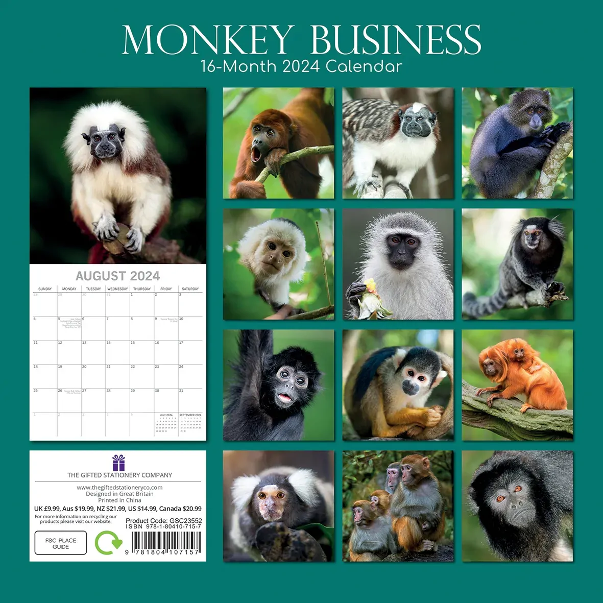 Monkey Business 2024 Square Wall Calendar Pets Animals 16 Months Premium Planner Price